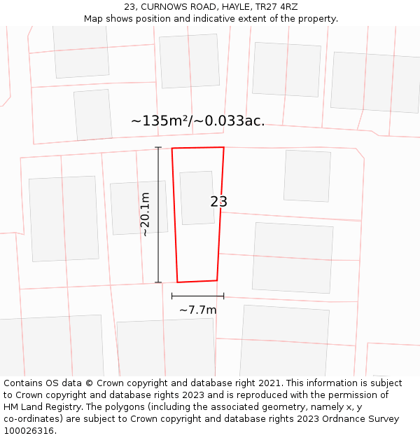 23, CURNOWS ROAD, HAYLE, TR27 4RZ: Plot and title map