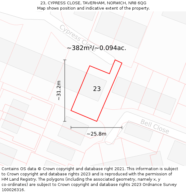 23, CYPRESS CLOSE, TAVERHAM, NORWICH, NR8 6QG: Plot and title map