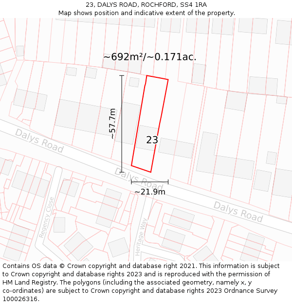 23, DALYS ROAD, ROCHFORD, SS4 1RA: Plot and title map