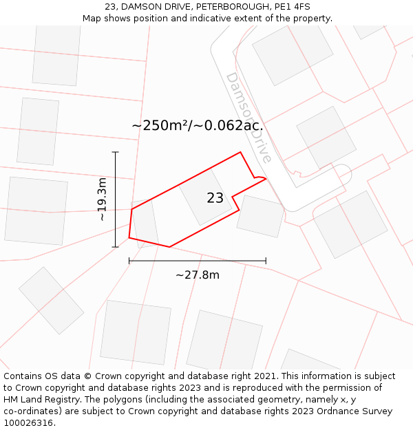 23, DAMSON DRIVE, PETERBOROUGH, PE1 4FS: Plot and title map