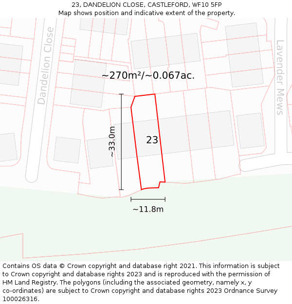 23, DANDELION CLOSE, CASTLEFORD, WF10 5FP: Plot and title map