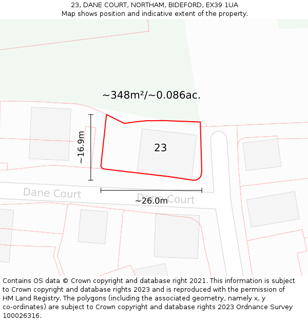 23, DANE COURT, NORTHAM, BIDEFORD, EX39 1UA: Plot and title map