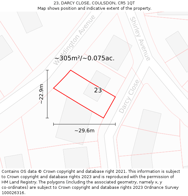 23, DARCY CLOSE, COULSDON, CR5 1QT: Plot and title map