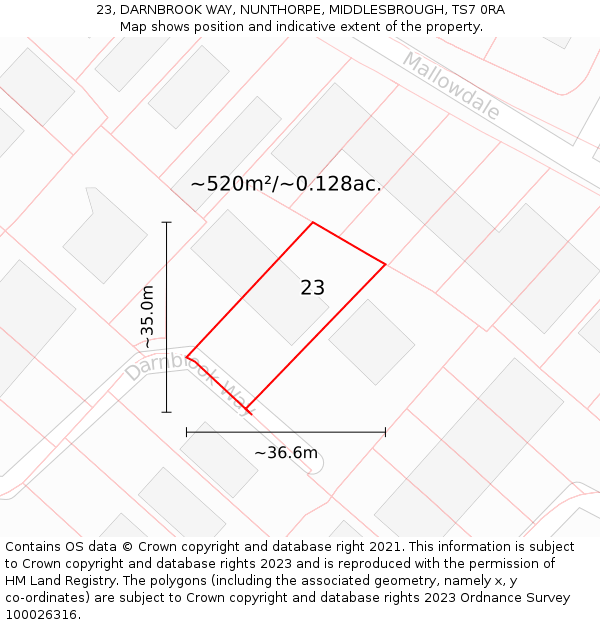 23, DARNBROOK WAY, NUNTHORPE, MIDDLESBROUGH, TS7 0RA: Plot and title map