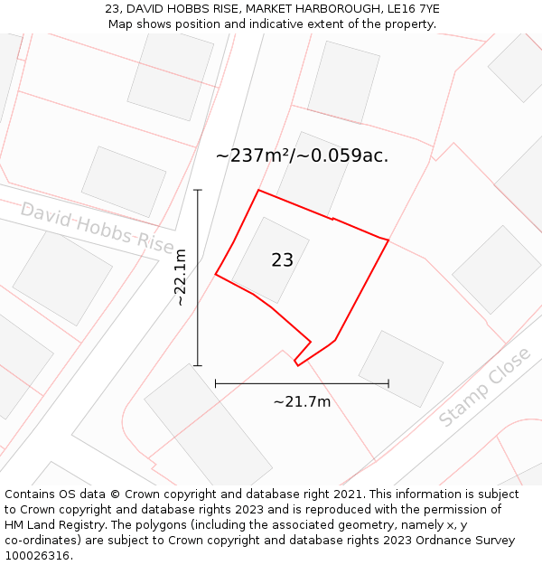 23, DAVID HOBBS RISE, MARKET HARBOROUGH, LE16 7YE: Plot and title map