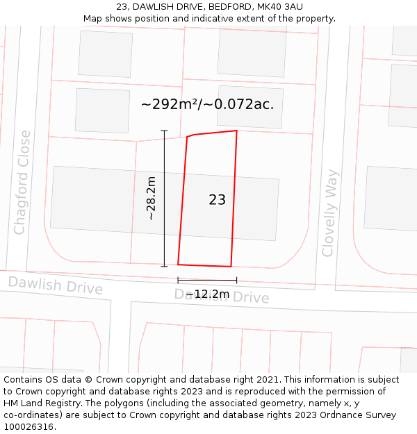 23, DAWLISH DRIVE, BEDFORD, MK40 3AU: Plot and title map