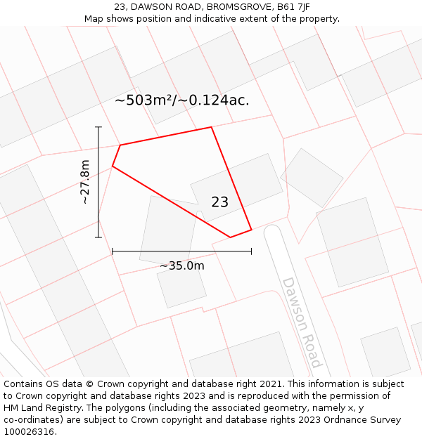 23, DAWSON ROAD, BROMSGROVE, B61 7JF: Plot and title map