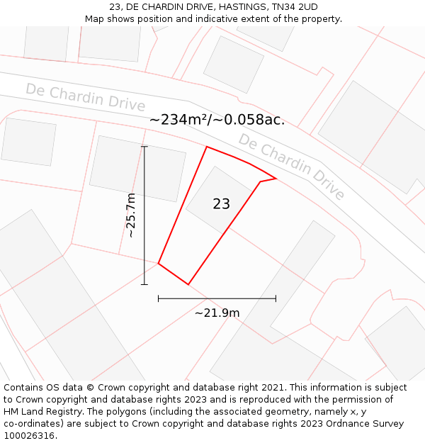 23, DE CHARDIN DRIVE, HASTINGS, TN34 2UD: Plot and title map