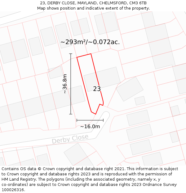 23, DERBY CLOSE, MAYLAND, CHELMSFORD, CM3 6TB: Plot and title map