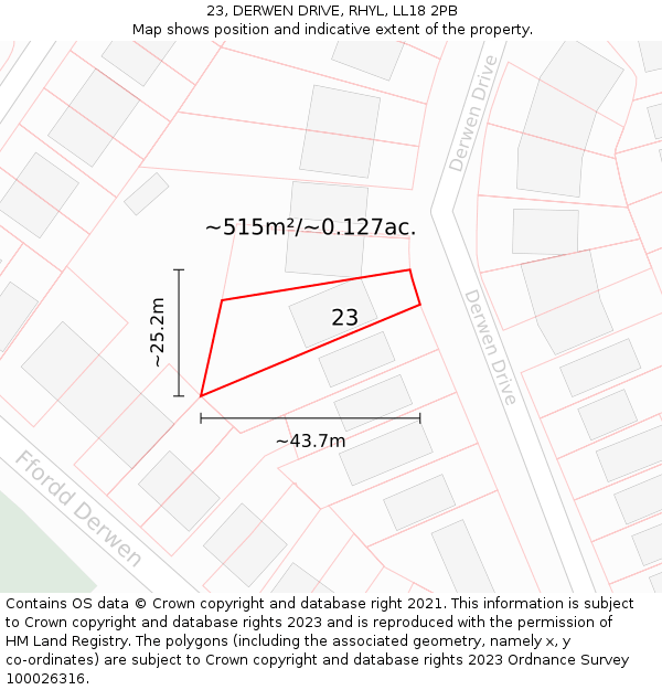 23, DERWEN DRIVE, RHYL, LL18 2PB: Plot and title map