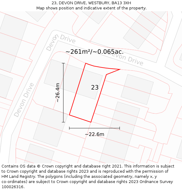 23, DEVON DRIVE, WESTBURY, BA13 3XH: Plot and title map