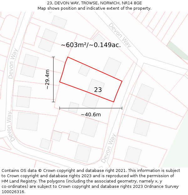 23, DEVON WAY, TROWSE, NORWICH, NR14 8GE: Plot and title map