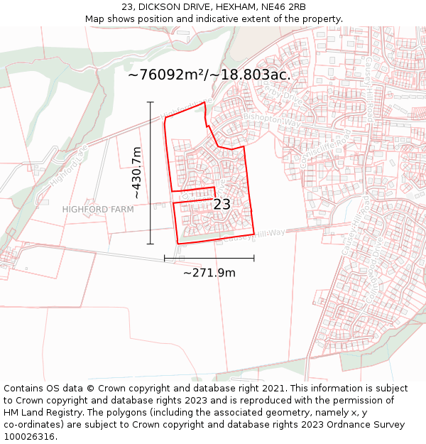 23, DICKSON DRIVE, HEXHAM, NE46 2RB: Plot and title map