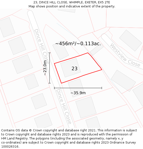 23, DINCE HILL CLOSE, WHIMPLE, EXETER, EX5 2TE: Plot and title map