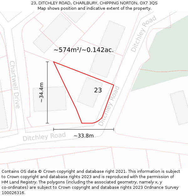 23, DITCHLEY ROAD, CHARLBURY, CHIPPING NORTON, OX7 3QS: Plot and title map