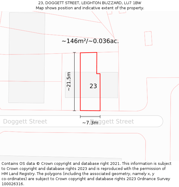 23, DOGGETT STREET, LEIGHTON BUZZARD, LU7 1BW: Plot and title map