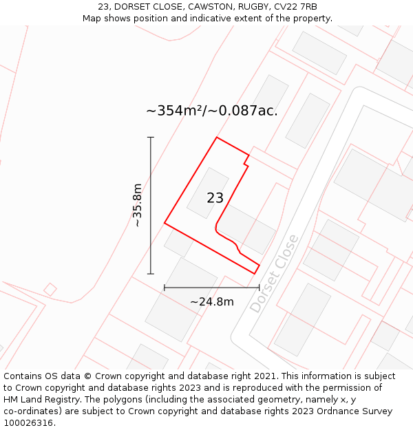 23, DORSET CLOSE, CAWSTON, RUGBY, CV22 7RB: Plot and title map