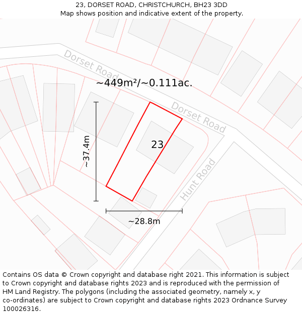 23, DORSET ROAD, CHRISTCHURCH, BH23 3DD: Plot and title map