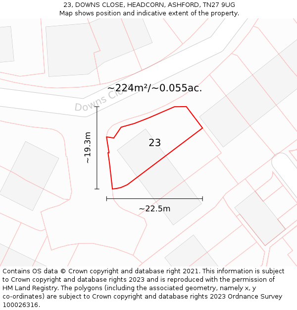 23, DOWNS CLOSE, HEADCORN, ASHFORD, TN27 9UG: Plot and title map