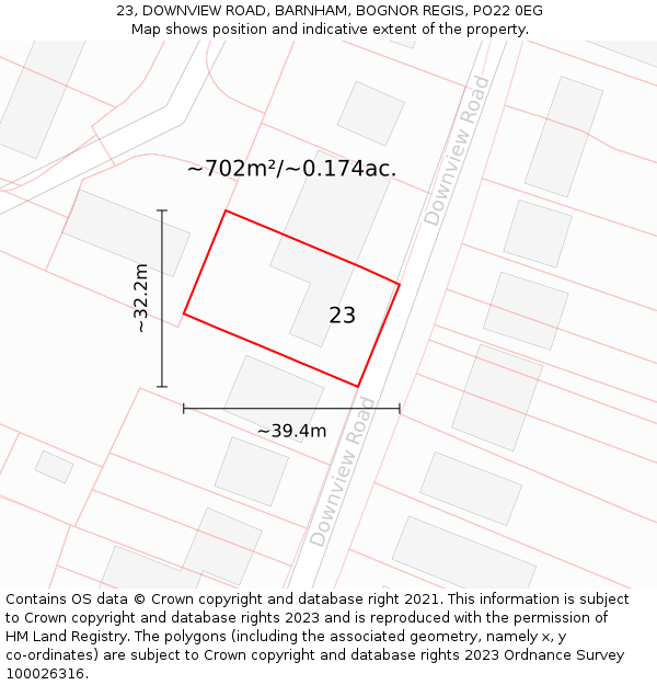 23, DOWNVIEW ROAD, BARNHAM, BOGNOR REGIS, PO22 0EG: Plot and title map