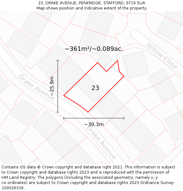 23, DRAKE AVENUE, PENKRIDGE, STAFFORD, ST19 5UA: Plot and title map