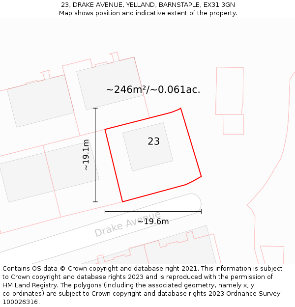 23, DRAKE AVENUE, YELLAND, BARNSTAPLE, EX31 3GN: Plot and title map