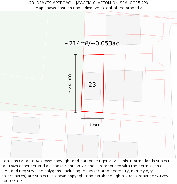 23, DRAKES APPROACH, JAYWICK, CLACTON-ON-SEA, CO15 2PX: Plot and title map