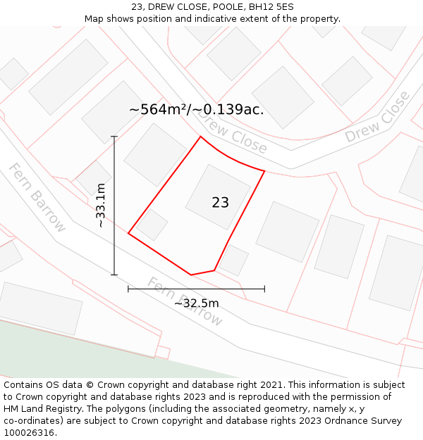 23, DREW CLOSE, POOLE, BH12 5ES: Plot and title map