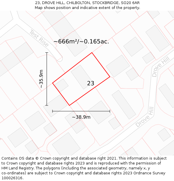 23, DROVE HILL, CHILBOLTON, STOCKBRIDGE, SO20 6AR: Plot and title map