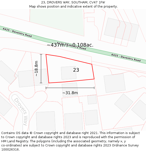 23, DROVERS WAY, SOUTHAM, CV47 1FW: Plot and title map