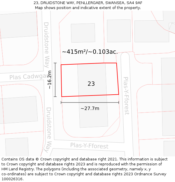 23, DRUIDSTONE WAY, PENLLERGAER, SWANSEA, SA4 9AF: Plot and title map