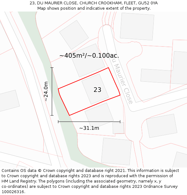 23, DU MAURIER CLOSE, CHURCH CROOKHAM, FLEET, GU52 0YA: Plot and title map