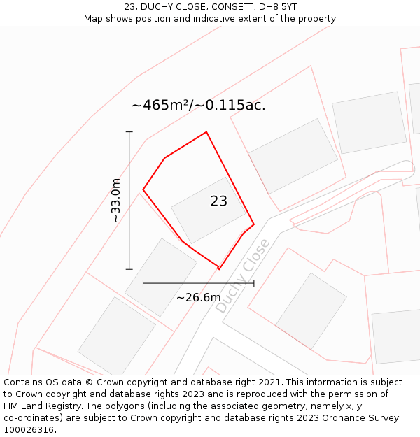 23, DUCHY CLOSE, CONSETT, DH8 5YT: Plot and title map