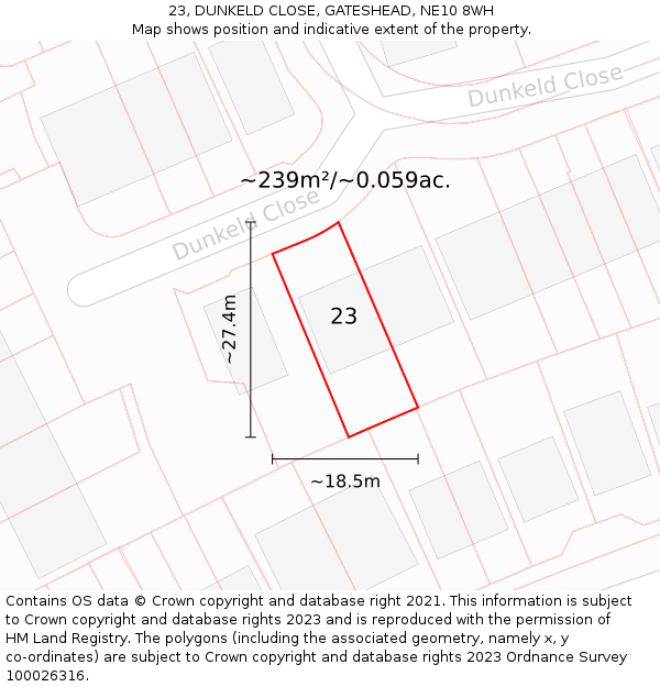 23, DUNKELD CLOSE, GATESHEAD, NE10 8WH: Plot and title map