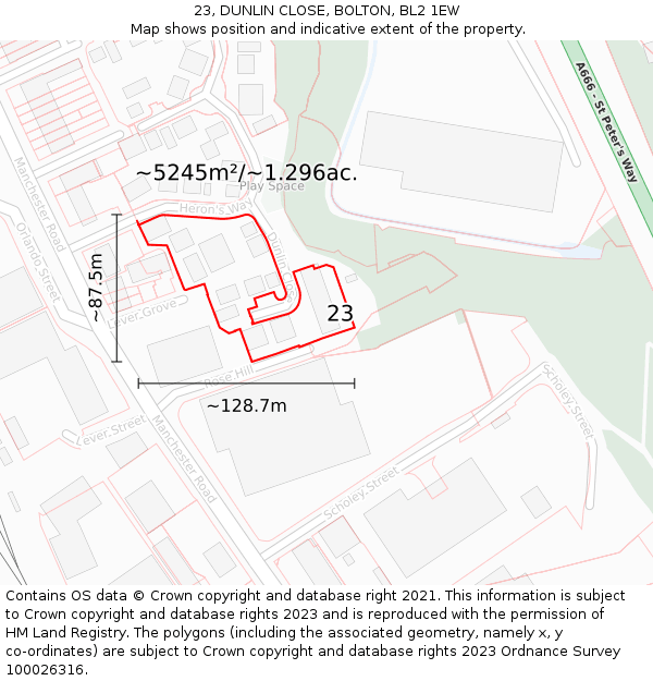 23, DUNLIN CLOSE, BOLTON, BL2 1EW: Plot and title map