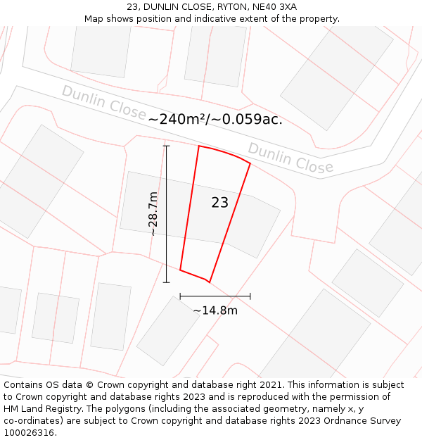 23, DUNLIN CLOSE, RYTON, NE40 3XA: Plot and title map