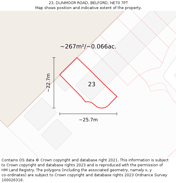 23, DUNMOOR ROAD, BELFORD, NE70 7PT: Plot and title map