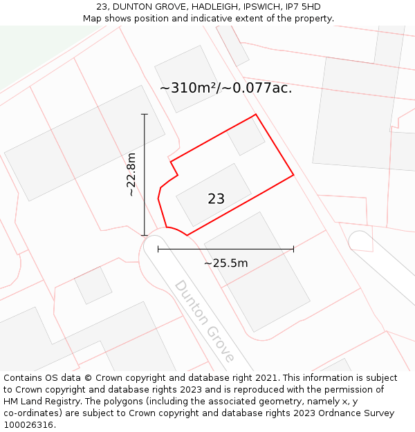23, DUNTON GROVE, HADLEIGH, IPSWICH, IP7 5HD: Plot and title map