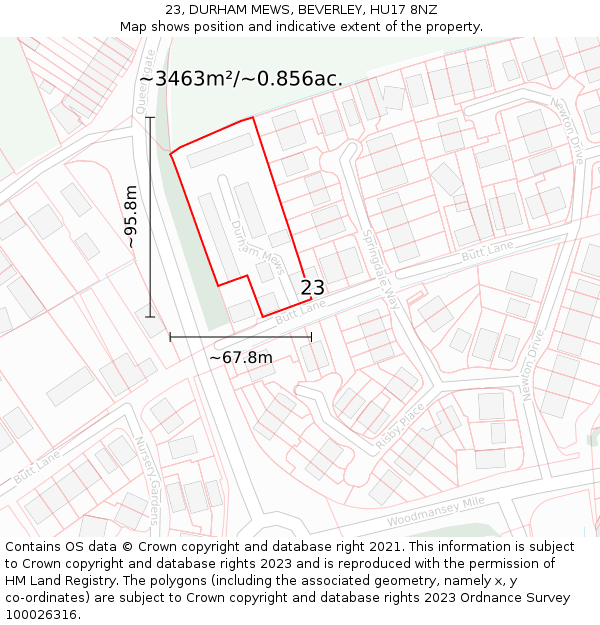 23, DURHAM MEWS, BEVERLEY, HU17 8NZ: Plot and title map