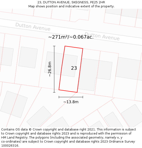 23, DUTTON AVENUE, SKEGNESS, PE25 2HR: Plot and title map