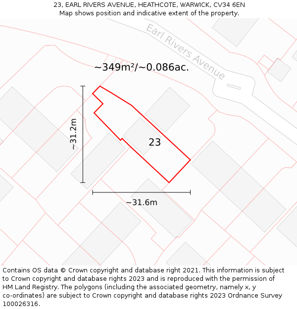 23, EARL RIVERS AVENUE, HEATHCOTE, WARWICK, CV34 6EN: Plot and title map