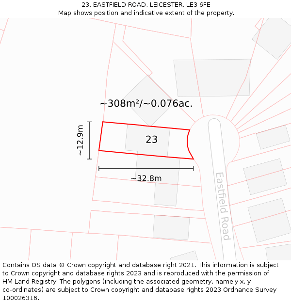 23, EASTFIELD ROAD, LEICESTER, LE3 6FE: Plot and title map