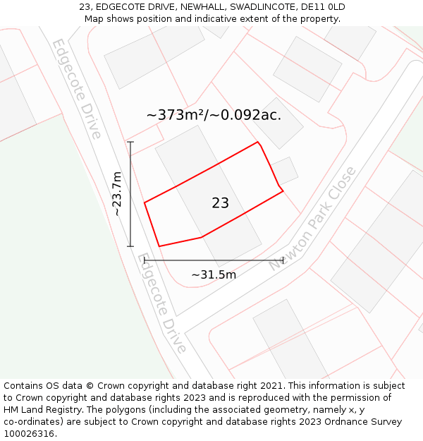 23, EDGECOTE DRIVE, NEWHALL, SWADLINCOTE, DE11 0LD: Plot and title map