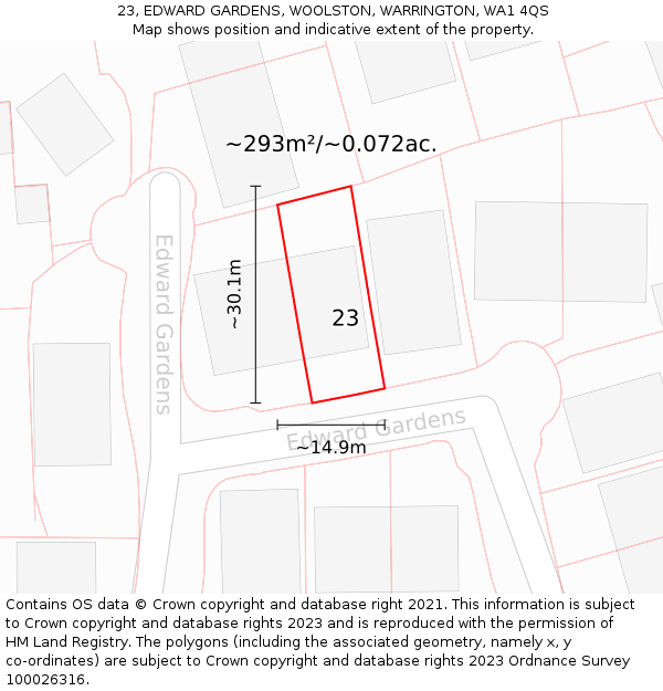 23, EDWARD GARDENS, WOOLSTON, WARRINGTON, WA1 4QS: Plot and title map