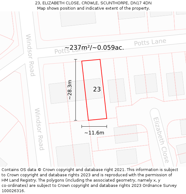 23, ELIZABETH CLOSE, CROWLE, SCUNTHORPE, DN17 4DN: Plot and title map