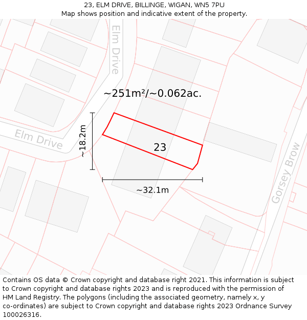 23, ELM DRIVE, BILLINGE, WIGAN, WN5 7PU: Plot and title map