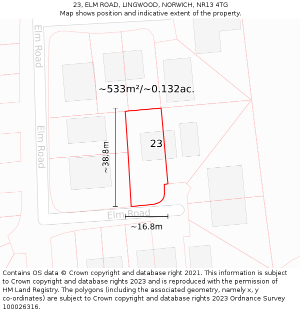 23, ELM ROAD, LINGWOOD, NORWICH, NR13 4TG: Plot and title map