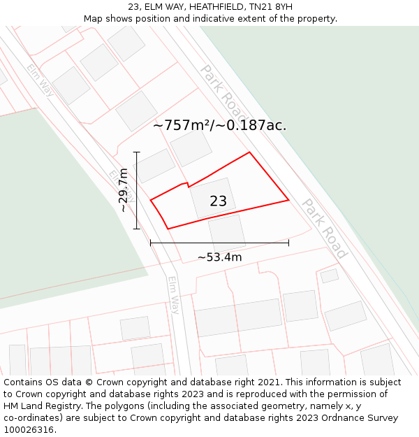 23, ELM WAY, HEATHFIELD, TN21 8YH: Plot and title map