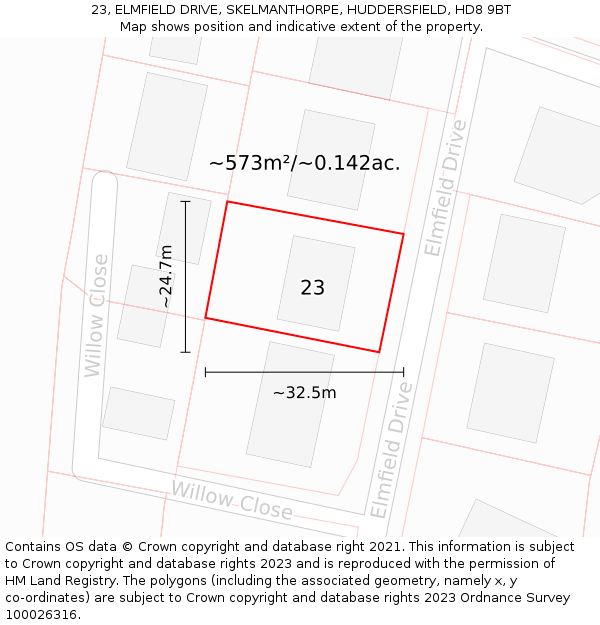 23, ELMFIELD DRIVE, SKELMANTHORPE, HUDDERSFIELD, HD8 9BT: Plot and title map