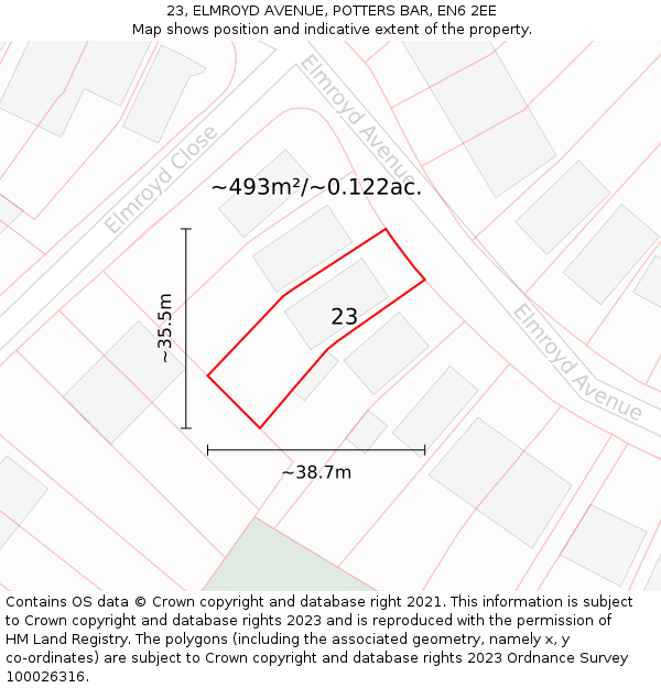 23, ELMROYD AVENUE, POTTERS BAR, EN6 2EE: Plot and title map